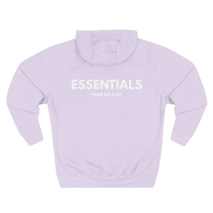 Light purple hoodie with 'ESSENTIALS' and 'FEAR OF GOD' text on a white background