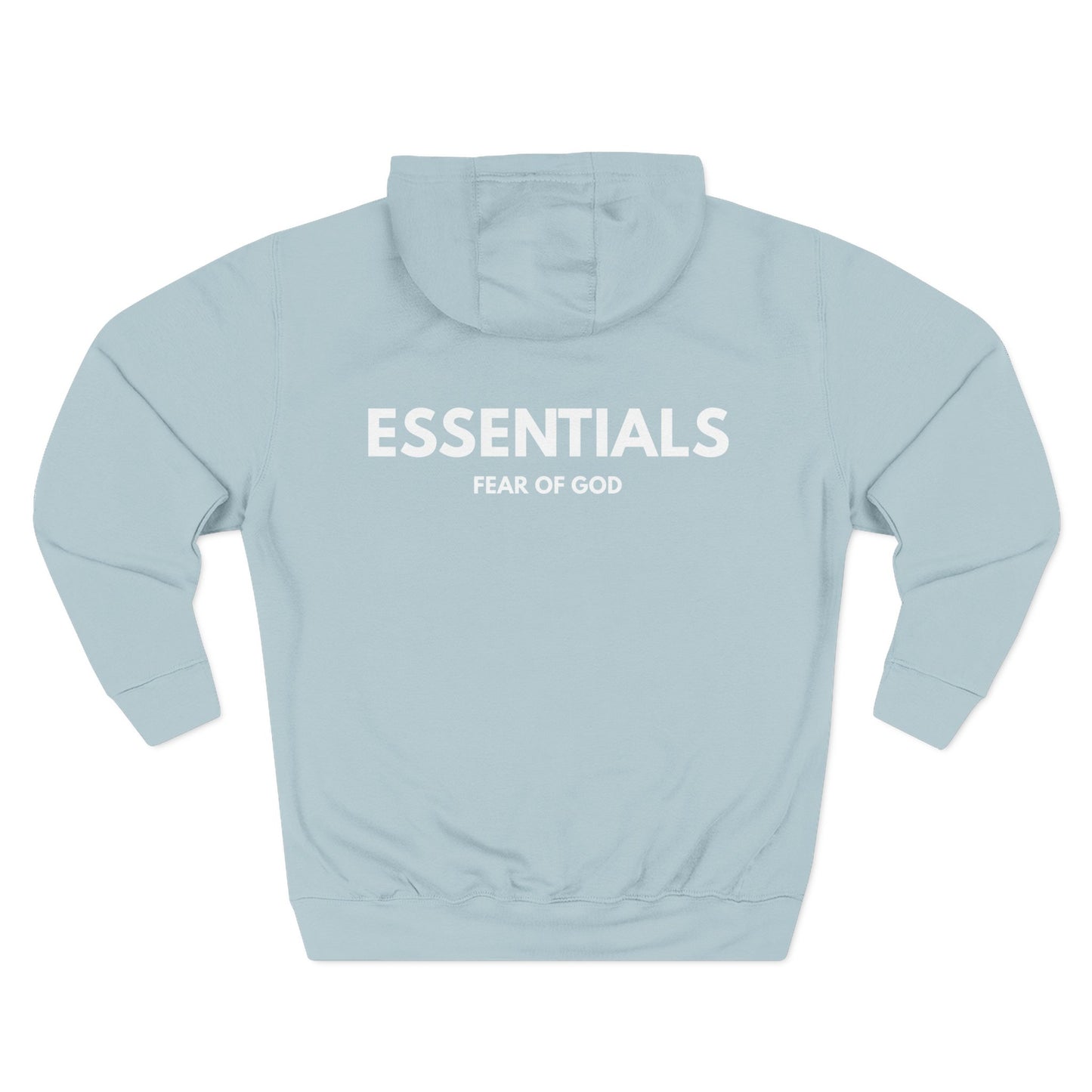 Light blue hoodie with 'ESSENTIALS' and 'FEAR OF GOD' text on a white background