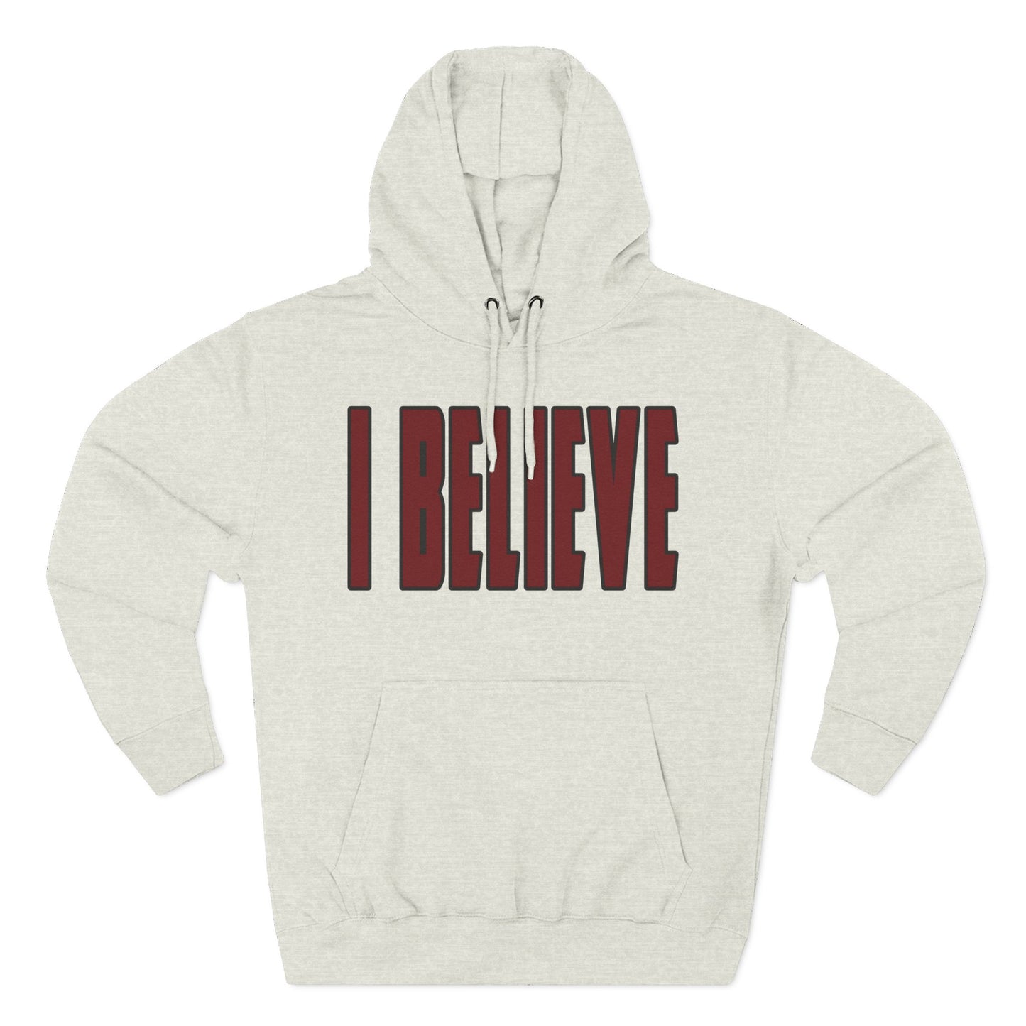 Beige hoodie in Carolina Gamecock colors with 'I BELIEVE' text in red on a white background