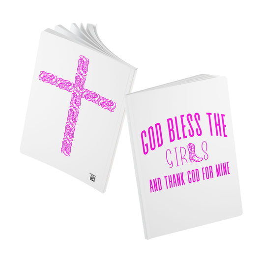 God Bless The Girls And Thank God for Mine Journal with pink cowboy boots making up the cross