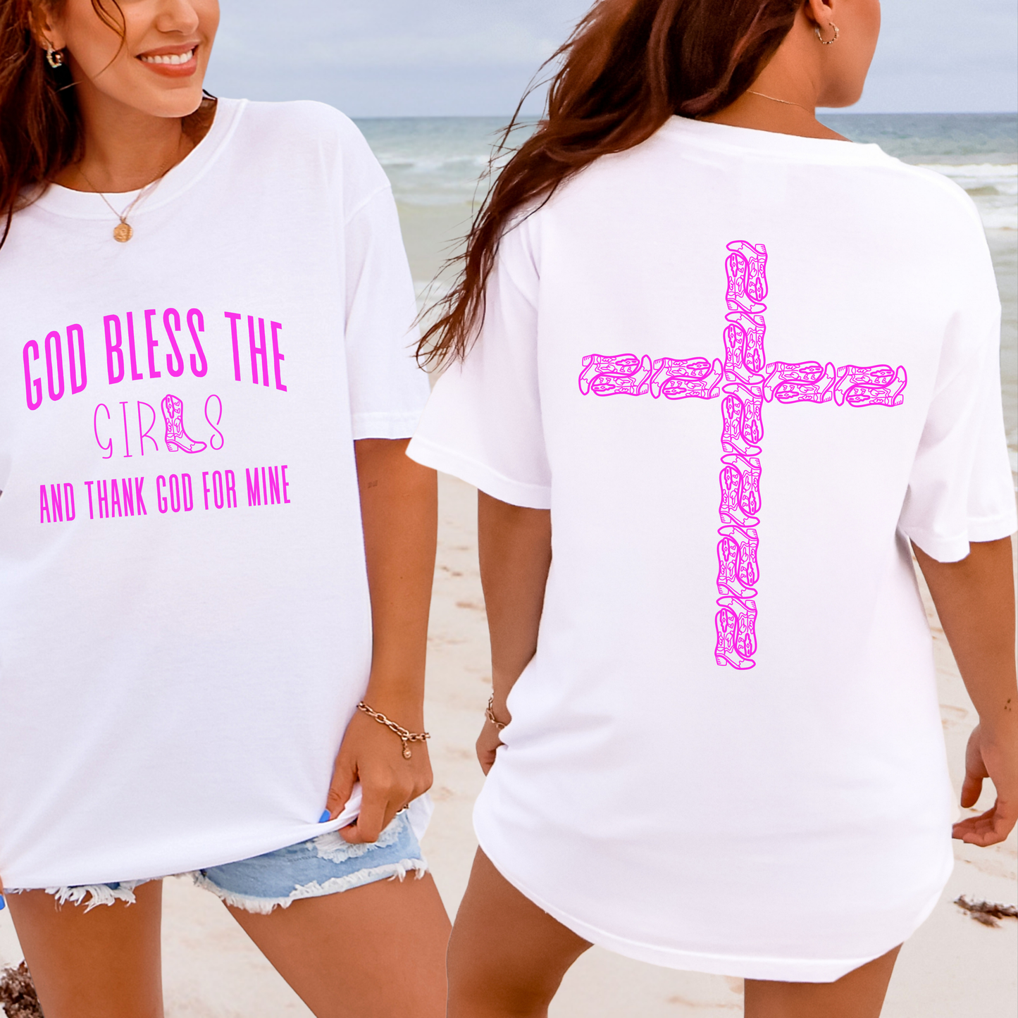 God Bless The Girls and Thank God For Mine T-Shirt with cross on the back made out of cowboy boots. 