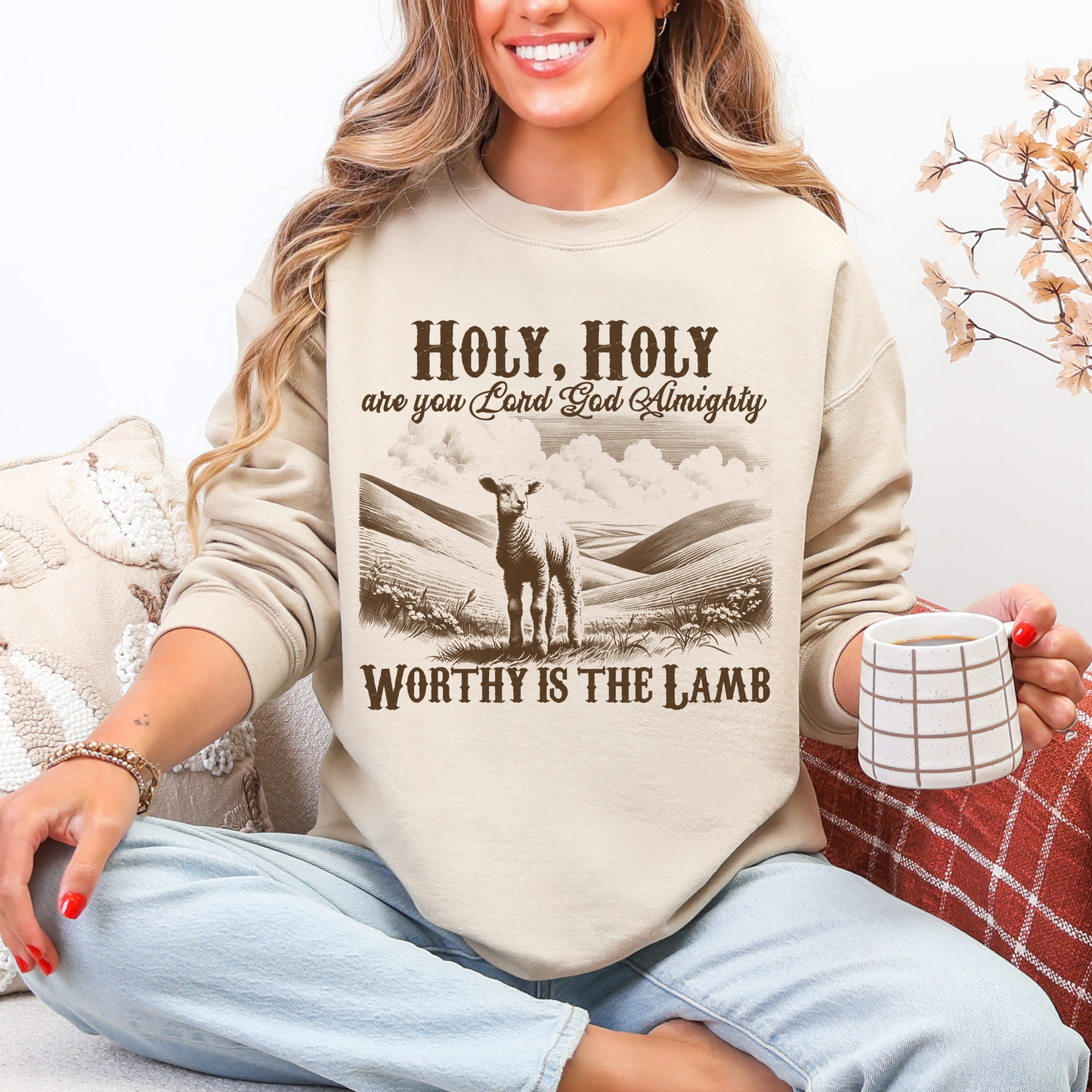 Christian Crewneck Sweatshirt — “Holy, Holy Worthy Is The Lamb” Lamb Graphic