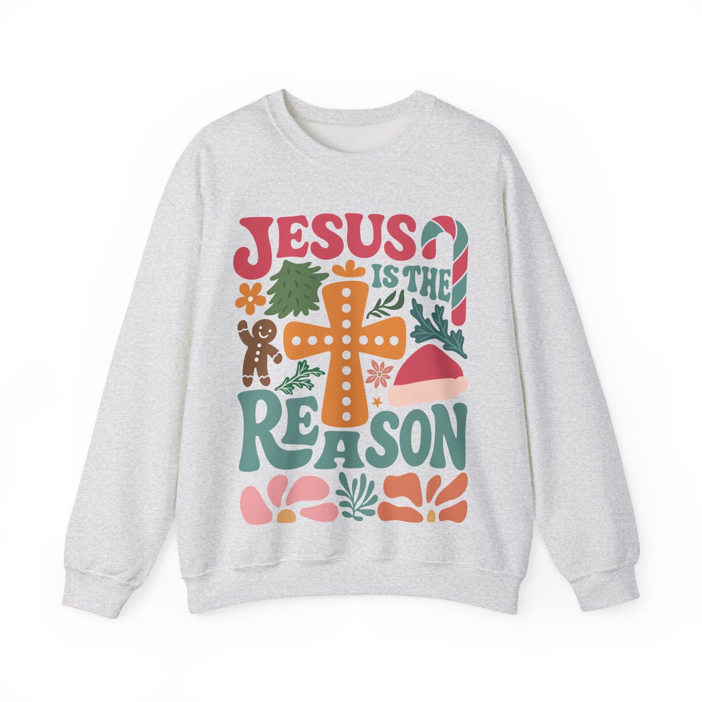 Gray sweatshirt with 'Jesus is the Reason' text and Christmas-themed graphics on a white background
