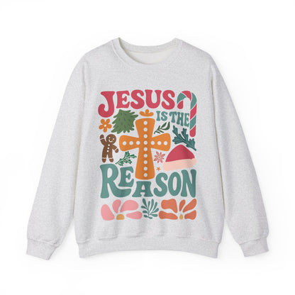 Gray sweatshirt with 'Jesus is the Reason' text and Christmas-themed graphics on a white background
