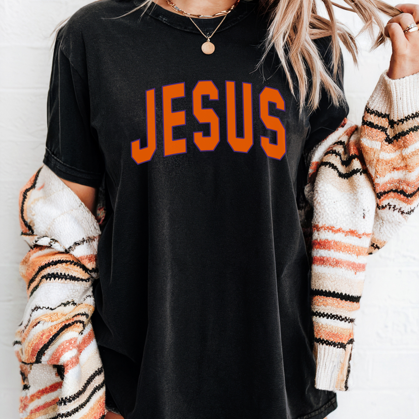 Graphic Tee with Jesus Outline in Purple and Orange