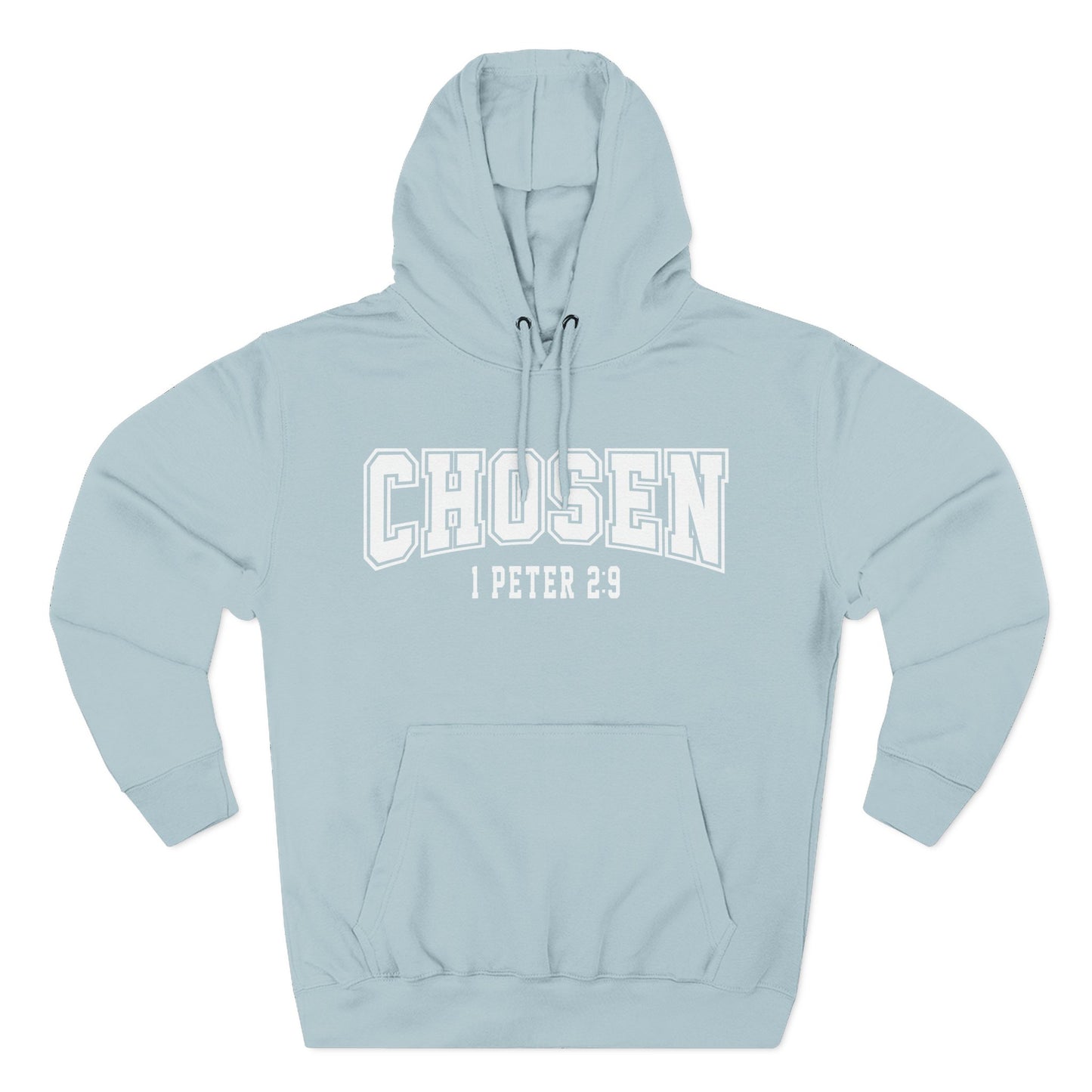 Light blue hoodie with 'Chosen 1 Peter 2:9' text on a white background