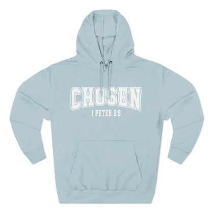 Light blue hoodie with 'Chosen 1 Peter 2:9' text on a white background