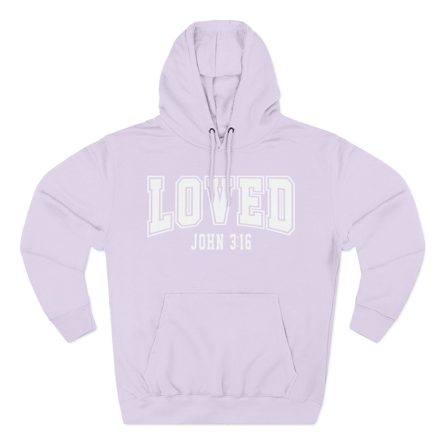 Lavender hoodie with 'LOVED John 3:16' text on a white background