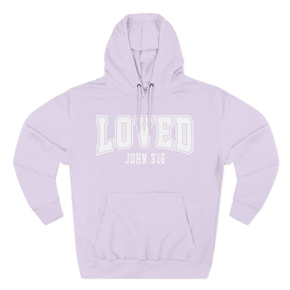 Lavender hoodie with 'LOVED John 3:16' text on a white background