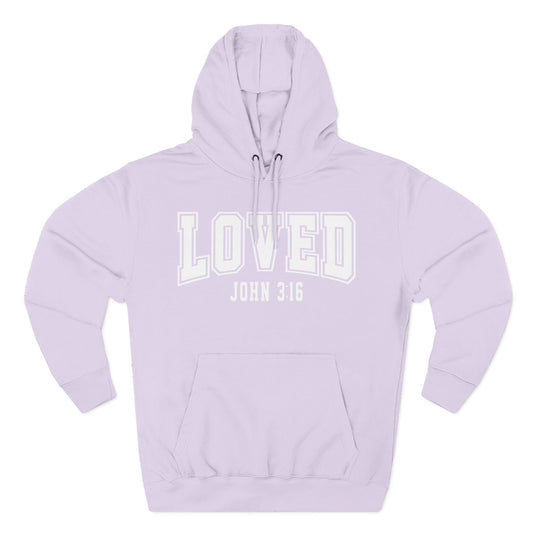 Lavender hoodie with 'LOVED John 3:16' text on a white background