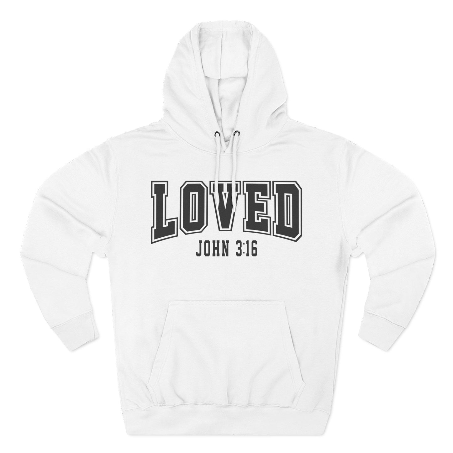 White hoodie with 'LOVED John 3:16' text on a white background