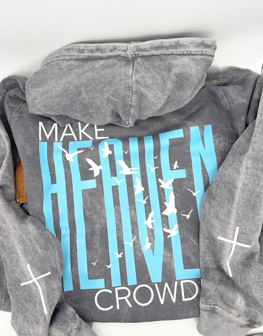 Gray hoodie with blue text and white graphics on a plain background