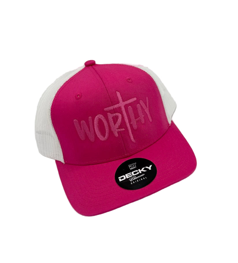 Pink and white cap with 'Worthy' text and Decky logo on a light gray background
