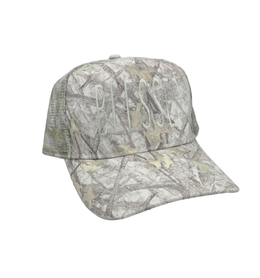 Camouflage-patterned cap on a light gray background