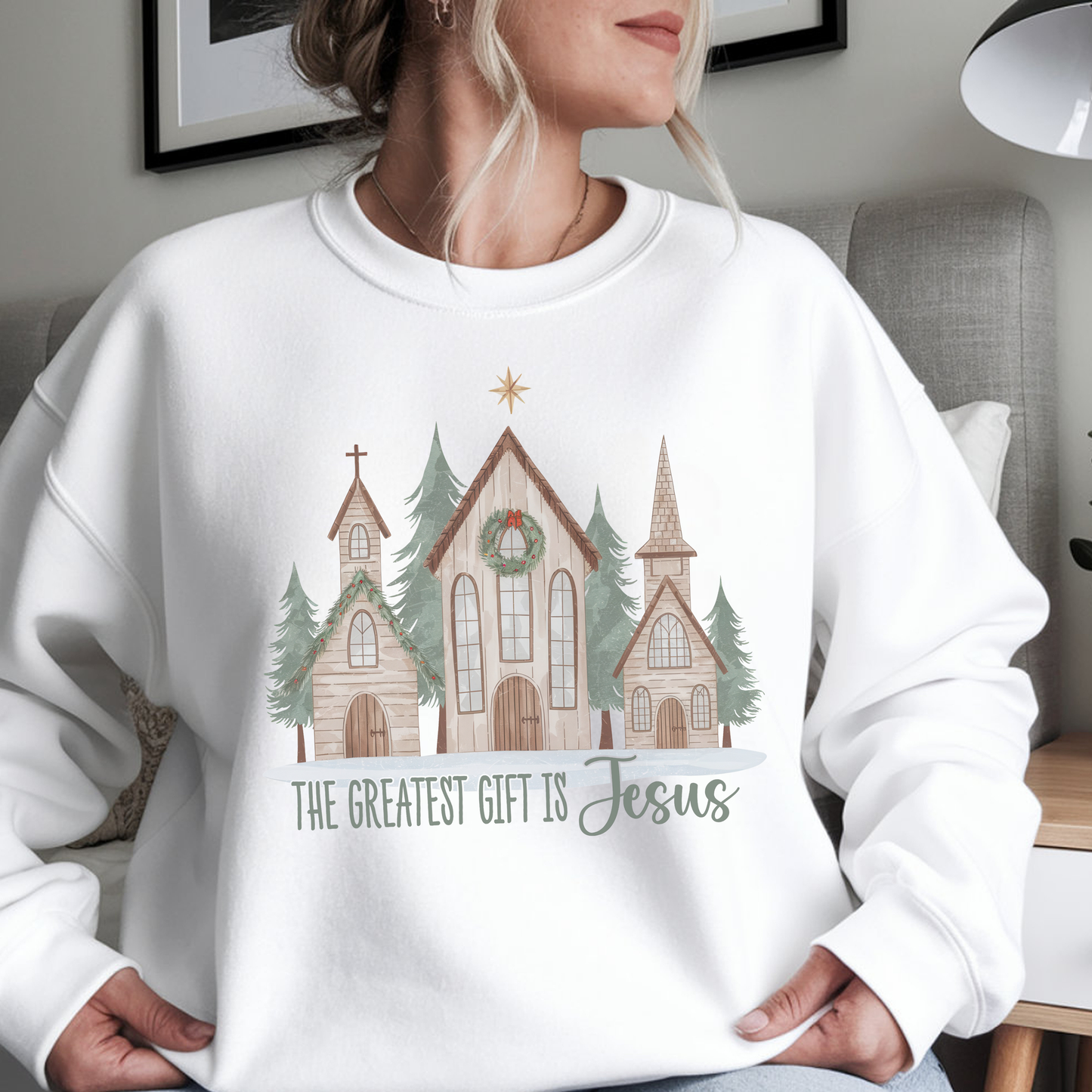 Christmas Church Sweatshirt - "The Greatest Gift is Jesus" Holiday Crewneck