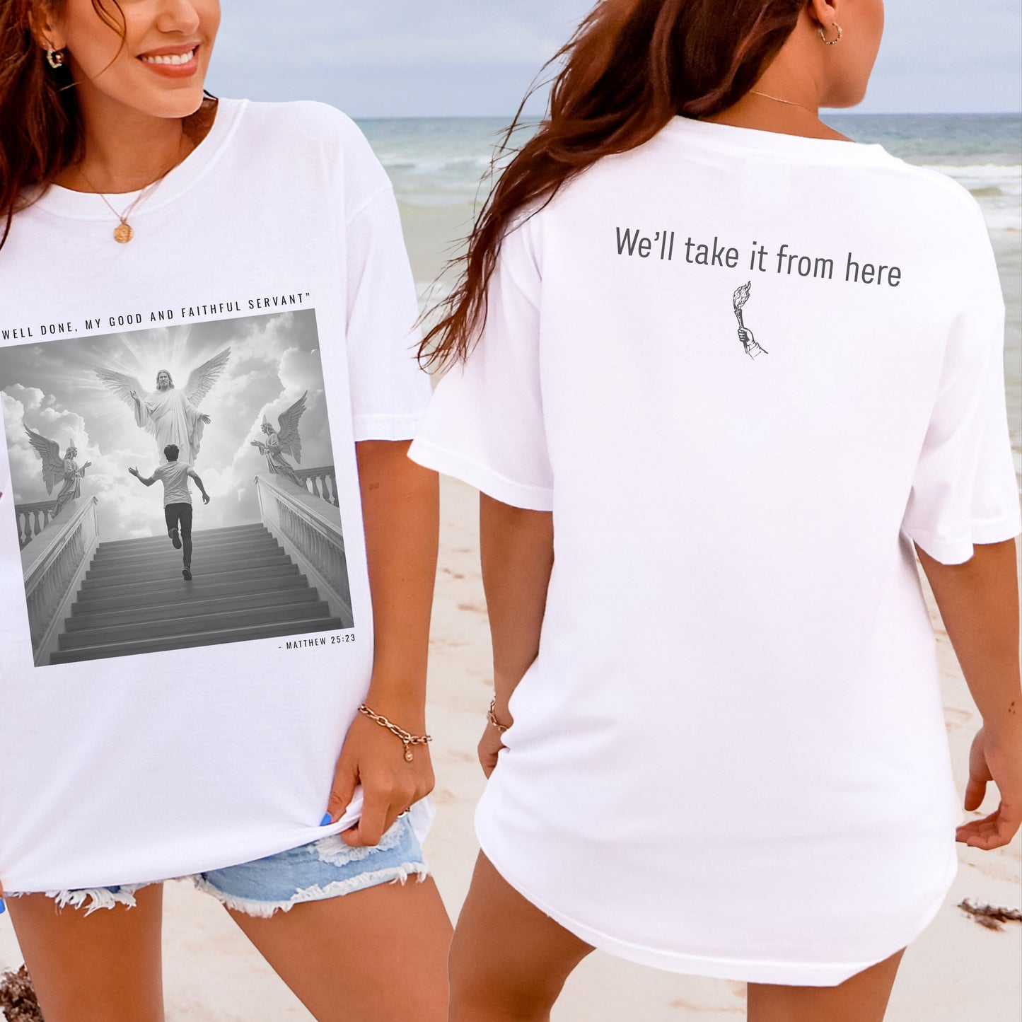 Picture of Charlie Kirk going to Heaven on a white t-shirt. 