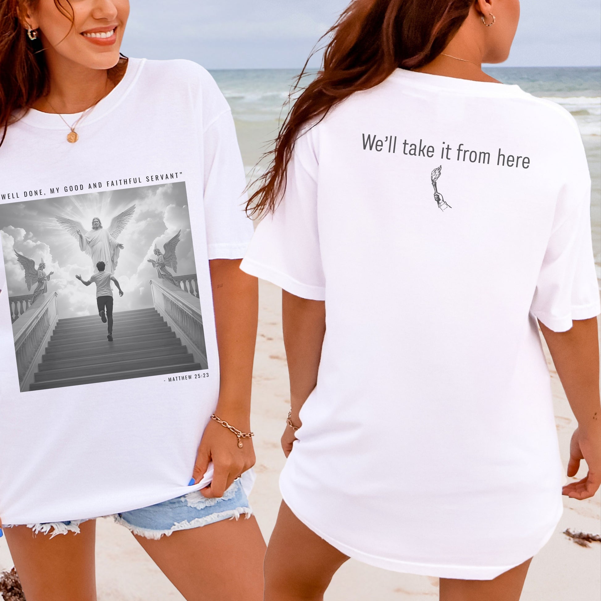 Picture of Charlie Kirk going to Heaven on a white t-shirt. 