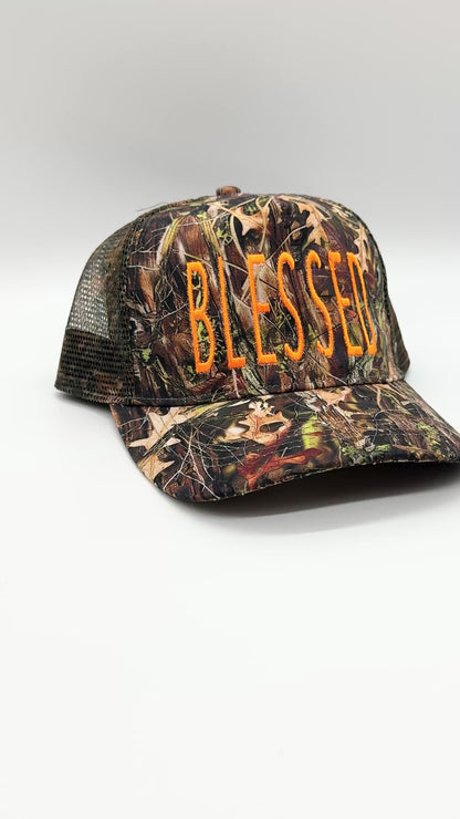 Camo Snapback Hat with Bright Orange Blessed Embroidered