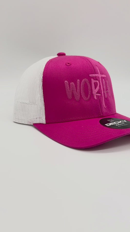 Pink and White Snapback Hat with Pink Embroidered Worthy